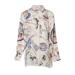 Hermes Cream Multi Equestrian Silk Button-Up Shirt